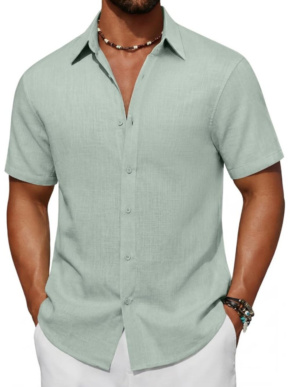 Men's Light Green Short Sleeve Button Down Cotton Linen Beach Shirt Pocket